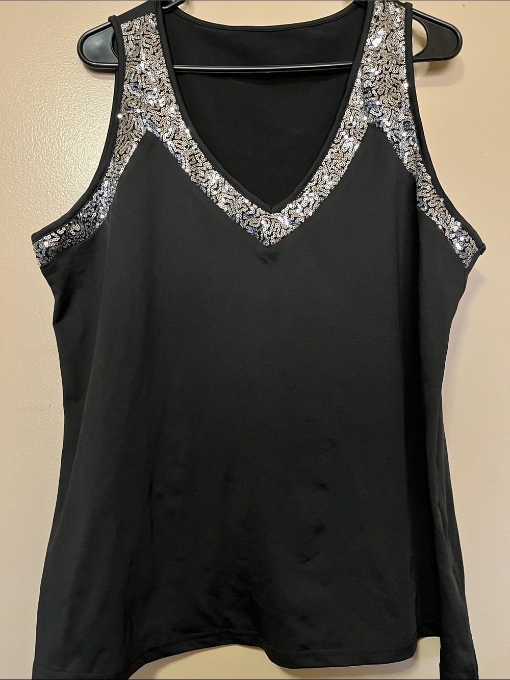 Black V-Neck Tank Top with Silver Sequin Trim